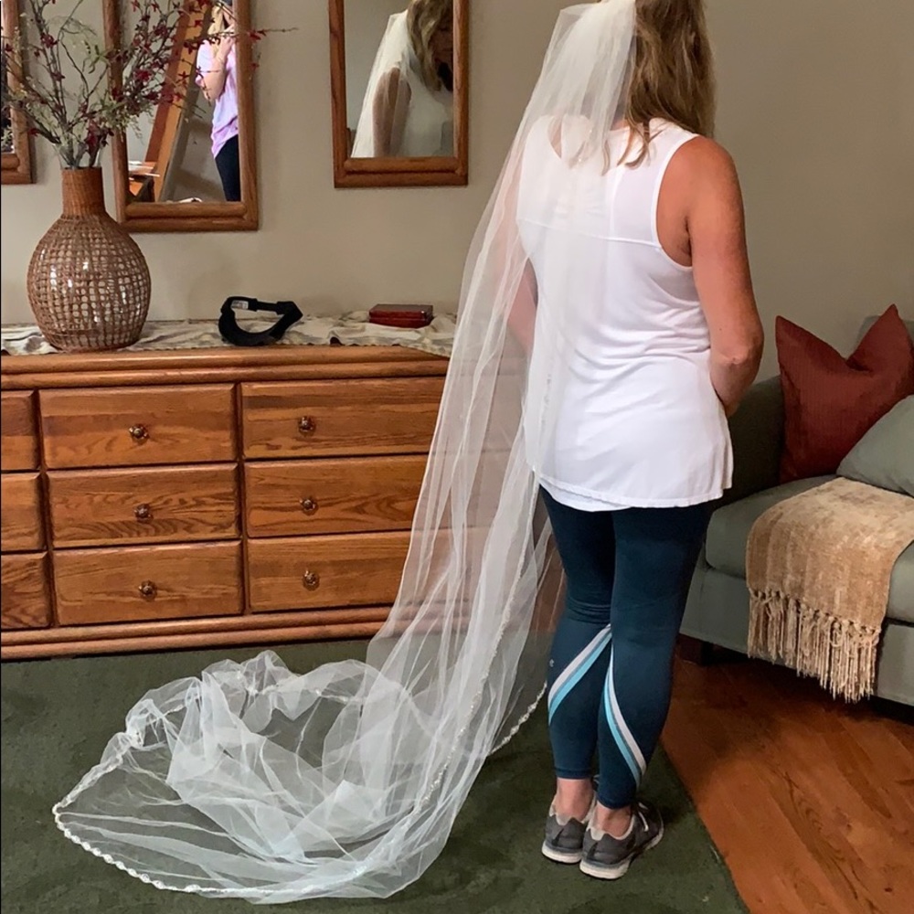 Hand beaded tulle wedding veil, cathedral length